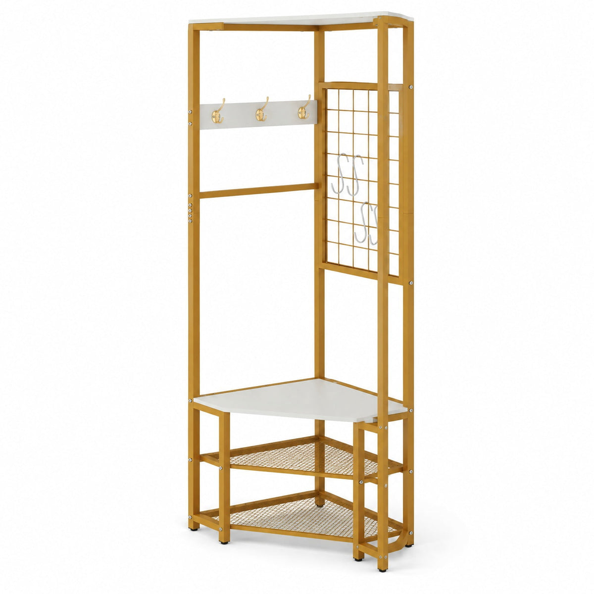 Airfind Corner Hall Tree Freestanding Coat Rack with Storage Shelves Removable Hooks, 220 lbs Capacity, Engineered Wood Metal Frame, White