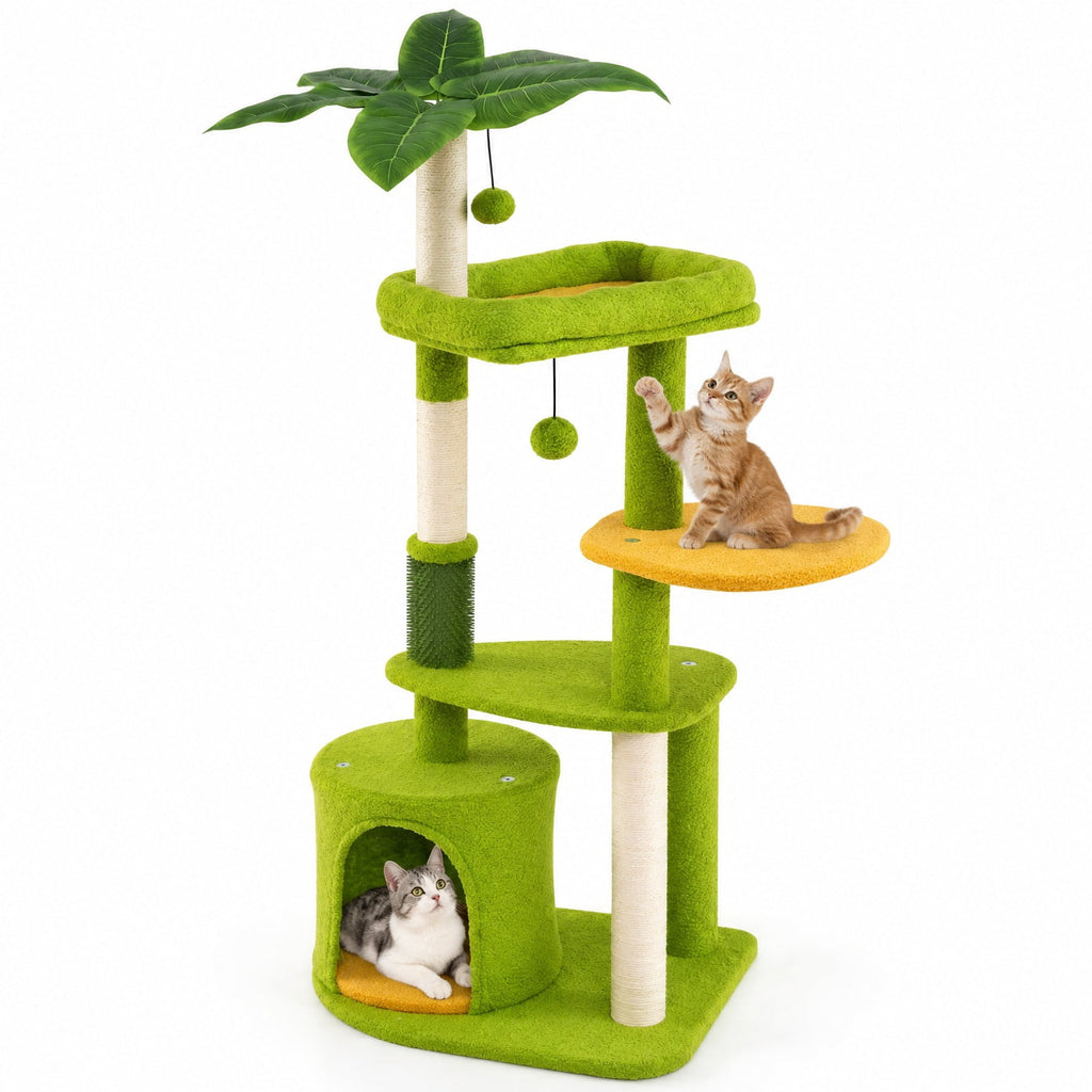 Airfind Cute Cat Tree for Adult Cats Multi-level Kitty Tower, Engineered Wood EVA Sisal Teddy Fleece Product Height 48 Base Frame, Green