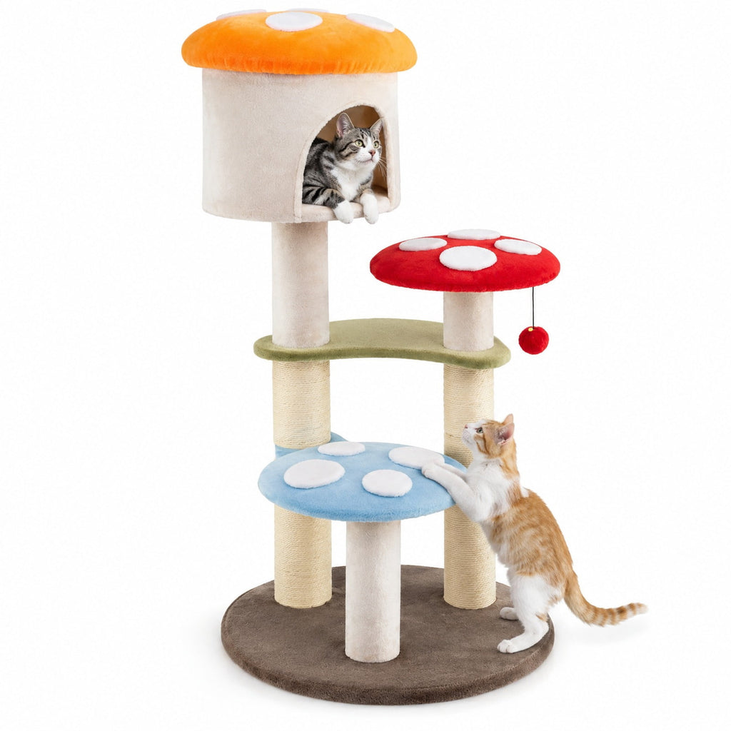 Airfind Cute Mushroom Cat Tree with Sisal Scratching Posts Top Condo and Padded Platforms, 22 lbs Capacity, 23 x 48 Footprint, Colorful