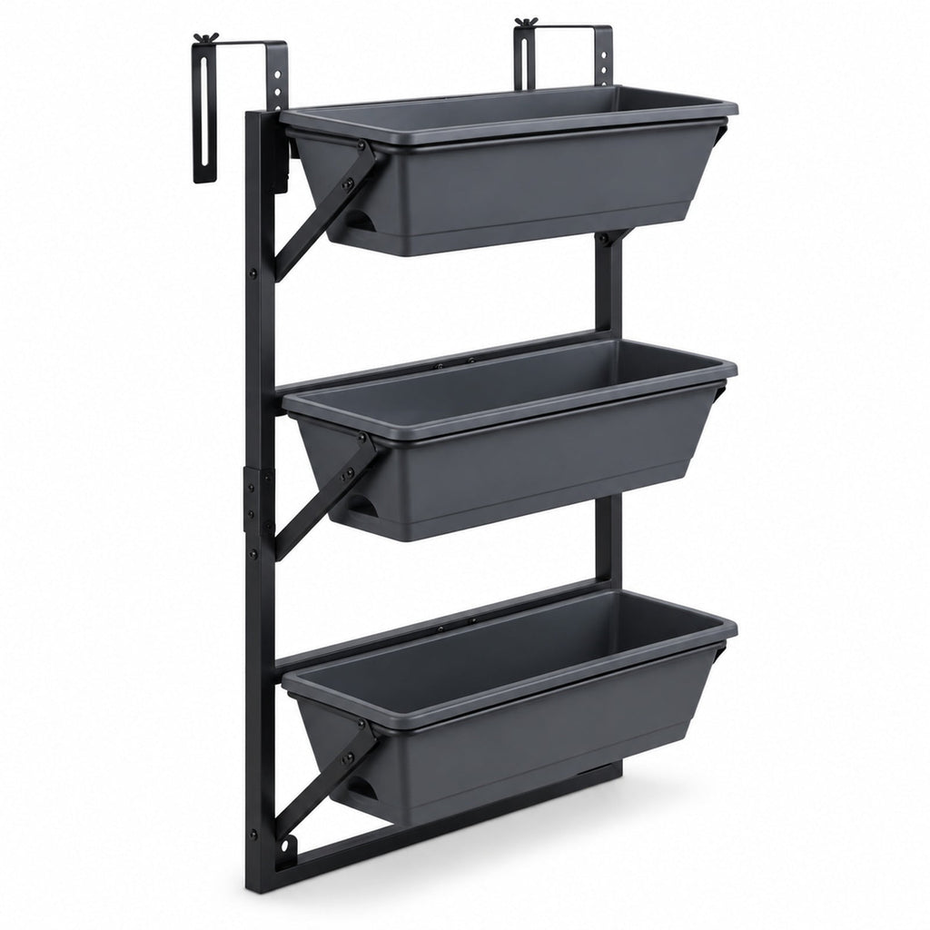 Airfind Deck Railing Planter Boxes with Adjustable Brackets and 3-Tier Design for Porch Patio, Black, Side holes make it easy to add and drain water
