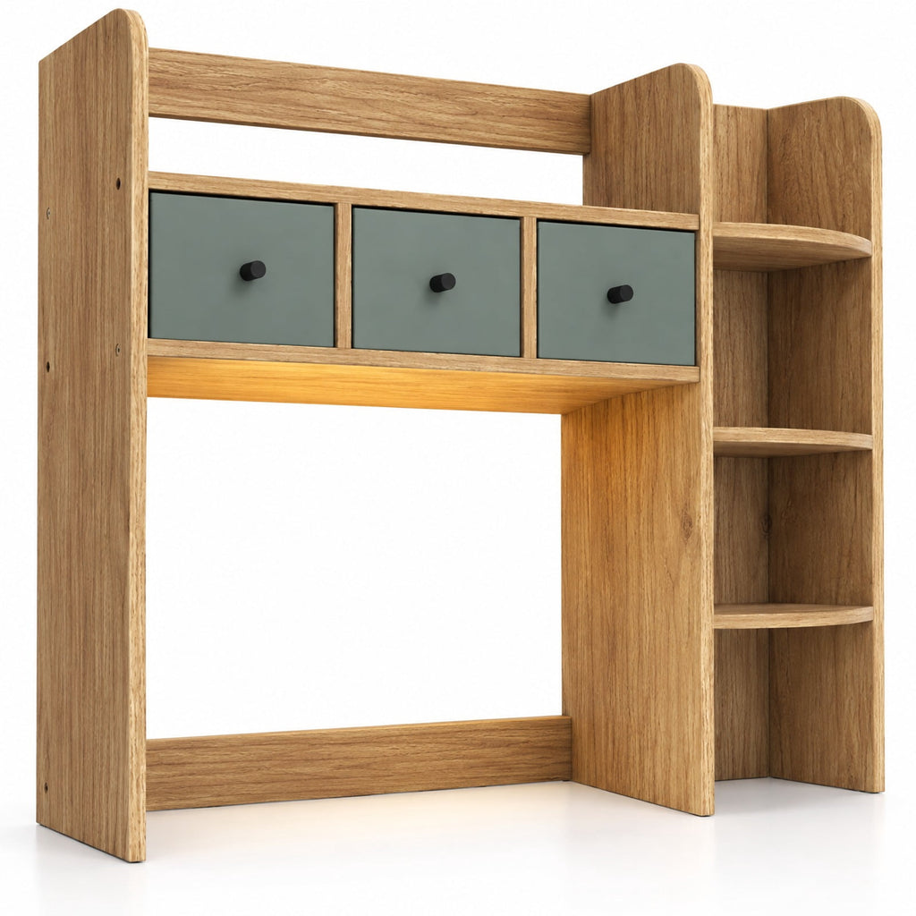 Airfind Desktop Bookshelf with LED Lights 5-Tier Shelves and 3 Drawers for Home Officce, 88 lbs Capacity, Engineered Wood Fabric Frame, Natural