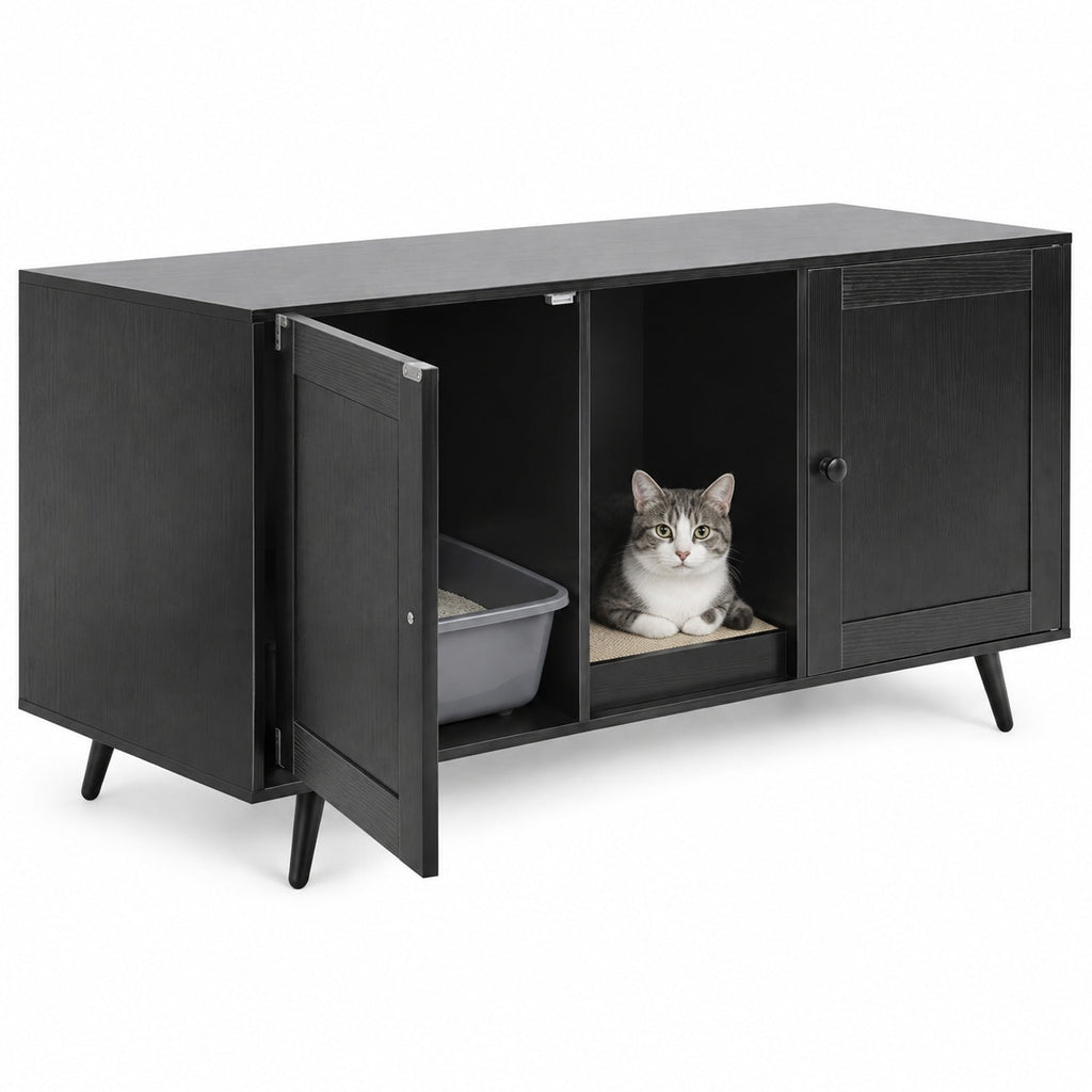 Airfind Double Cat Litter Box Enclosure for 2 Cats with Scratching Pad and Double Rooms, Engineered Wood Frame, Black