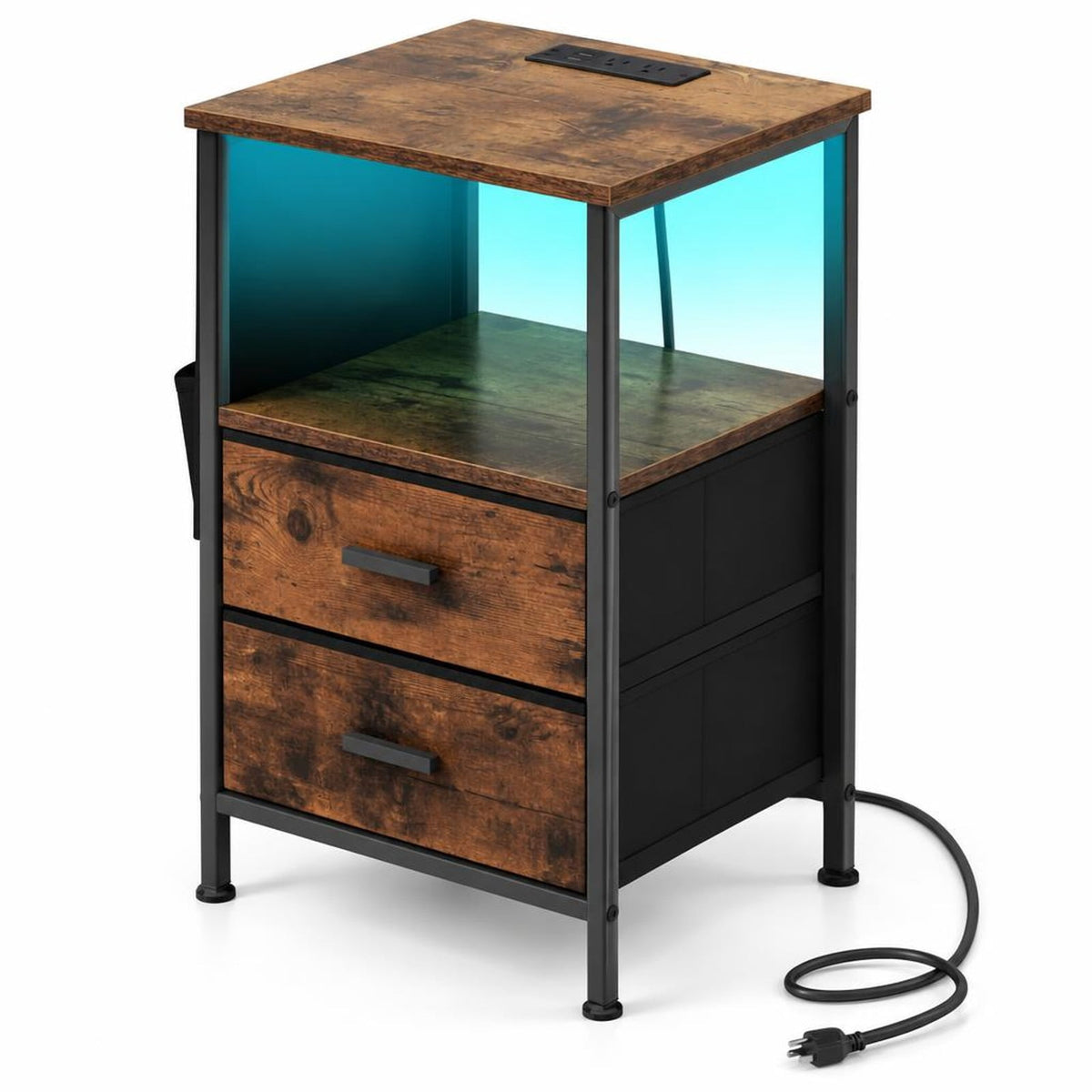 Airfind End Table with Charging Station Set of 1 Nightstand with 2 Folding Fabric Drawers, 110 lbs Capacity, Rustic Brown + Black