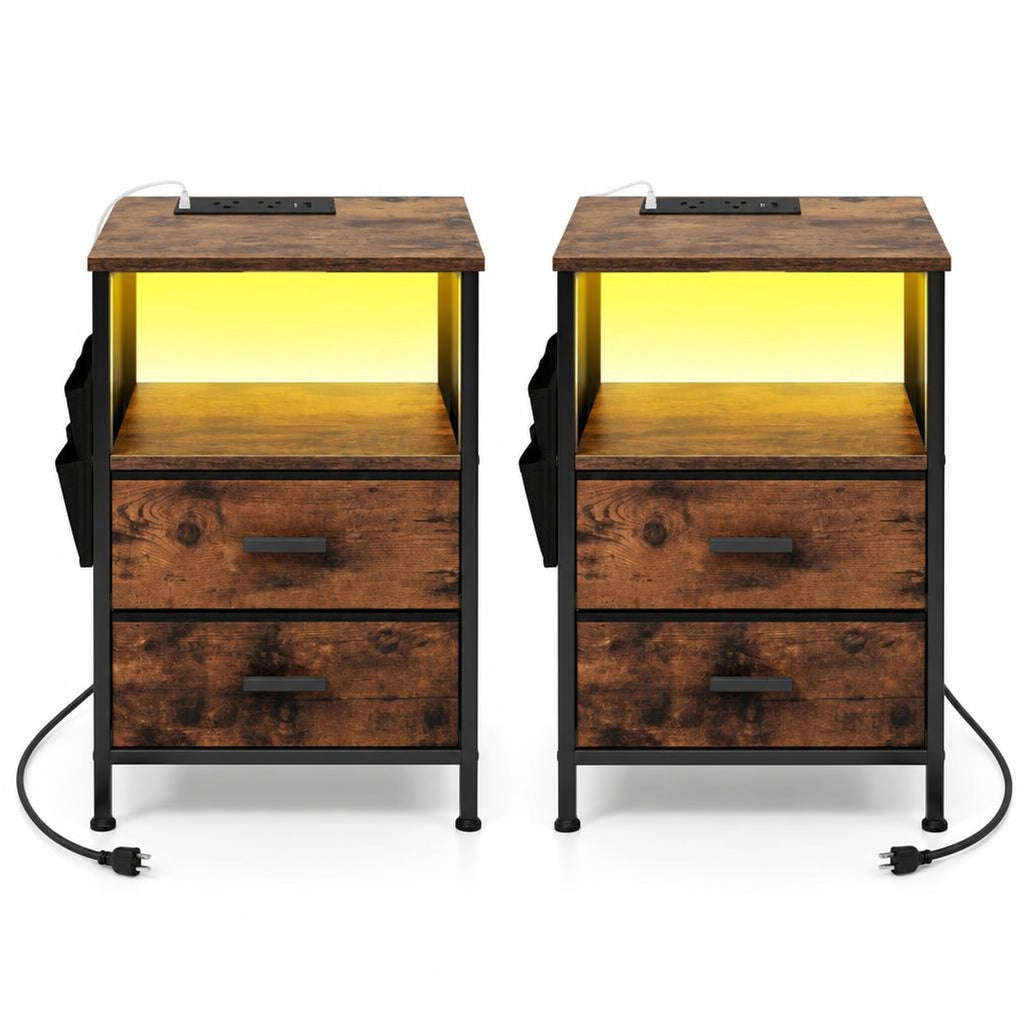 Airfind End Table with Charging Station Set of 2 Nightstand with 2 Folding Fabric Drawers, 110 lbs Capacity, Rustic Brown + Black