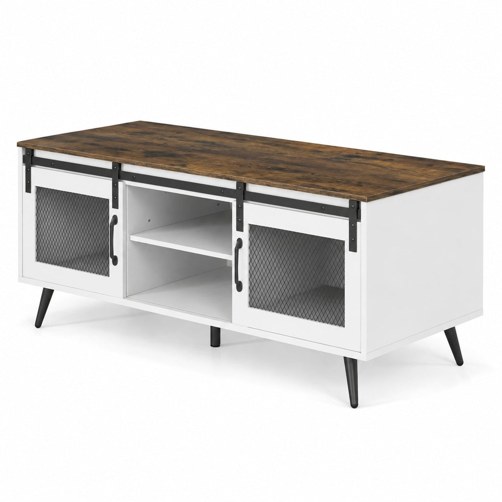 Airfind Farmhouse Coffee Table with Sliding Doors Rectangular with Adjustable Shelf, 100 Lbs Capacity, Engineered Wood Metal, Coffee