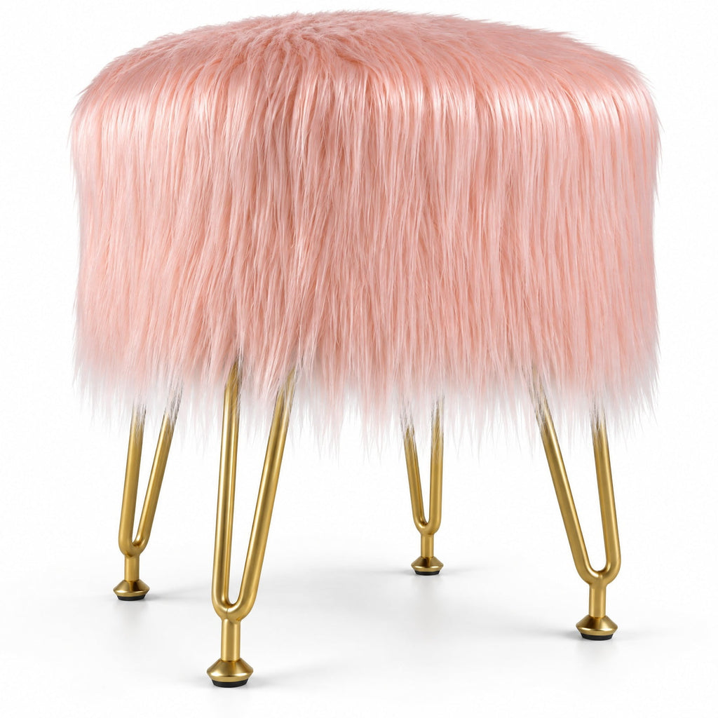 Airfind Faux Fur Vanity Stool Chair with Metal Legs for Bedroom and Living Room, 330 lbs Capacity, Faux Fur Sponge Metal MDF Plywood Frame, Pink