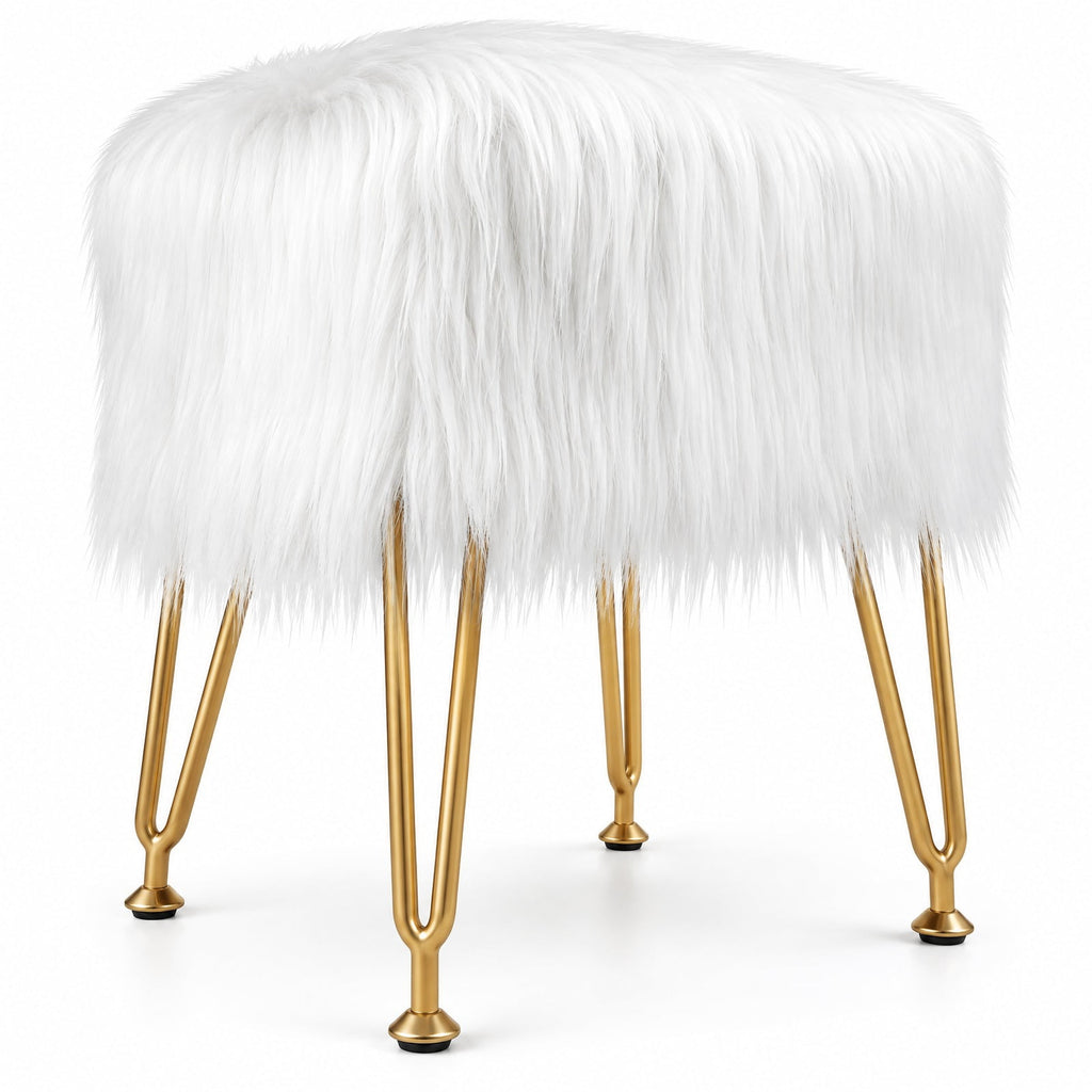 Airfind Faux Fur Vanity Stool Chair with Metal Legs for Bedroom and Living Room, 330 lbs Capacity, Faux Fur Sponge Metal MDF Plywood Frame, White