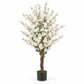 AIRFIND Artificial Plum Blossom Tree 47 in with White Fabric Flowers, Wood Trunk and Cement-Filled Pot for Home and Office Decor