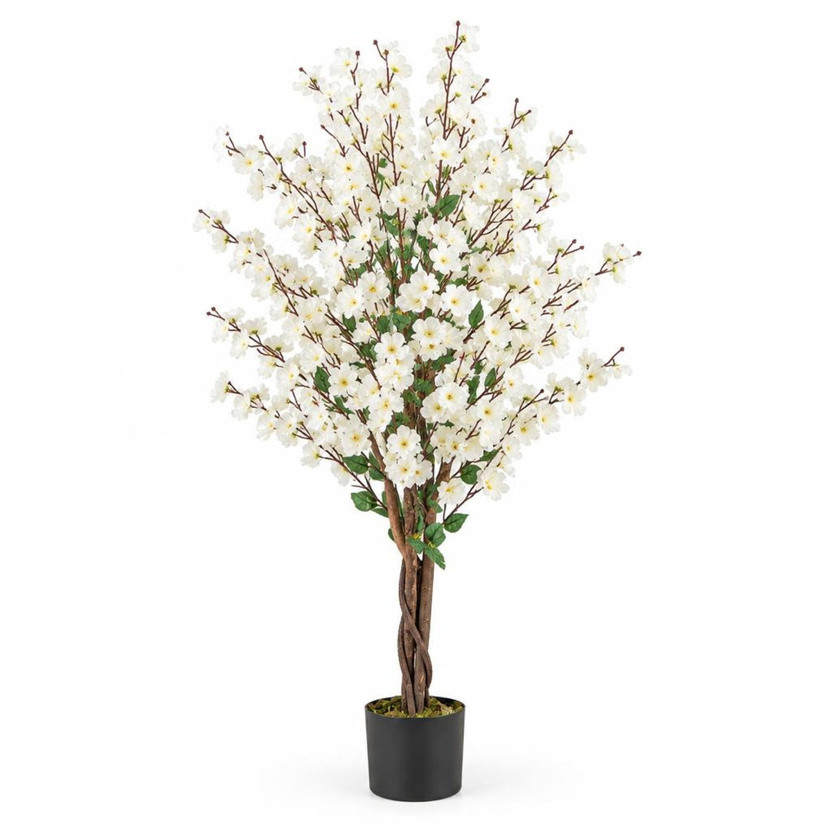 AIRFIND Artificial Plum Blossom Tree 47 in with White Fabric Flowers, Wood Trunk and Cement-Filled Pot for Home and Office Decor