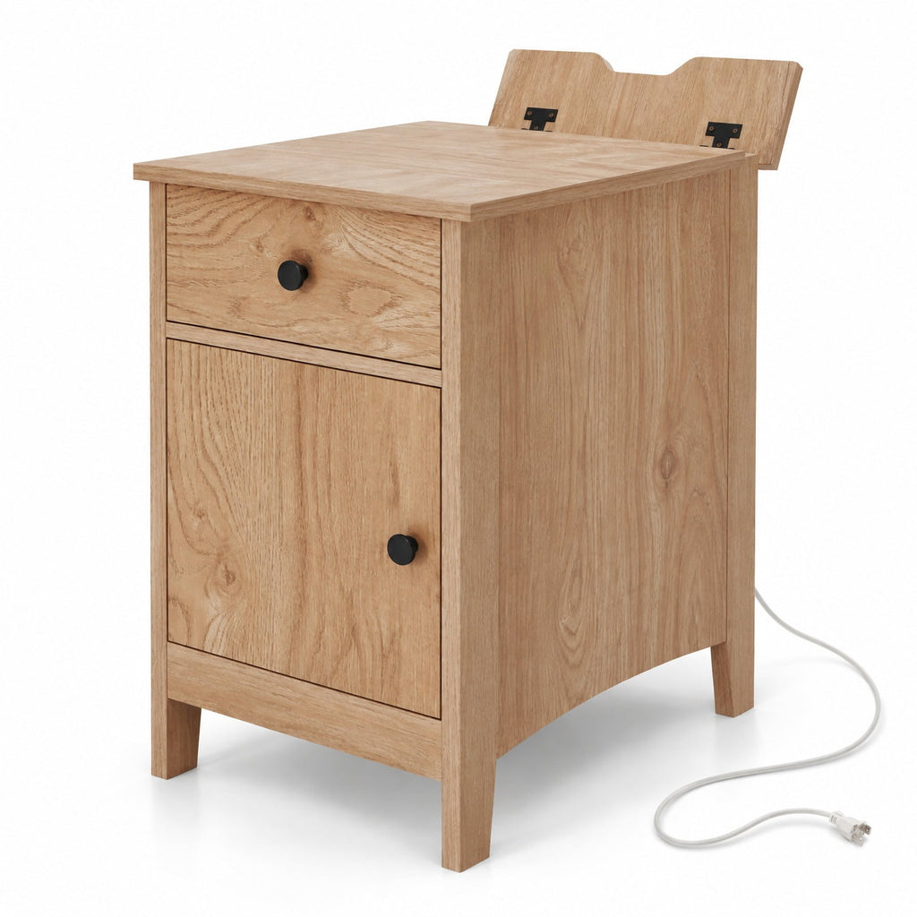 Airfind Flip Top End Table with Charging Station USB Ports Outlets and Drawer, 110 lbs Capacity, Engineered Wood MDF Frame, Natural