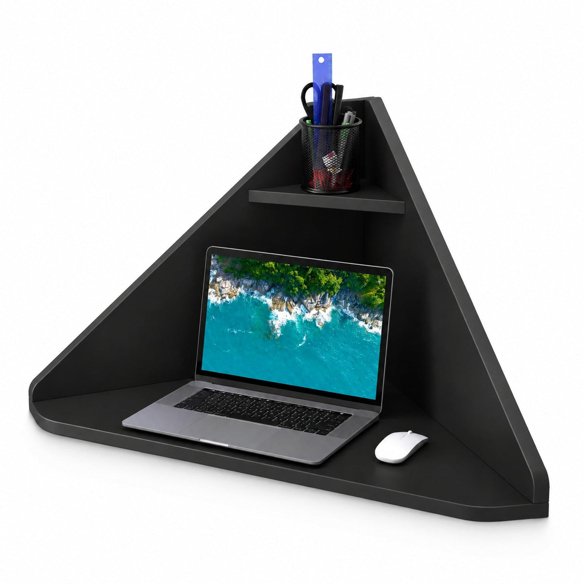 Airfind Floating Triangular Corner Computer Desk with Storage Shelf, Engineered Wood Frame, Black, Overall Dimensions 36.5 Inch x 31 Inch x 18 Inch Sid