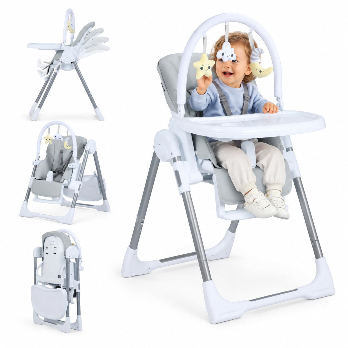 Airfind Foldable Baby High Chair with Adjustable Height and Relining Seat, 15 kg Capacity, Metal PP PU Frame, for 6-36 Months, Light Gray