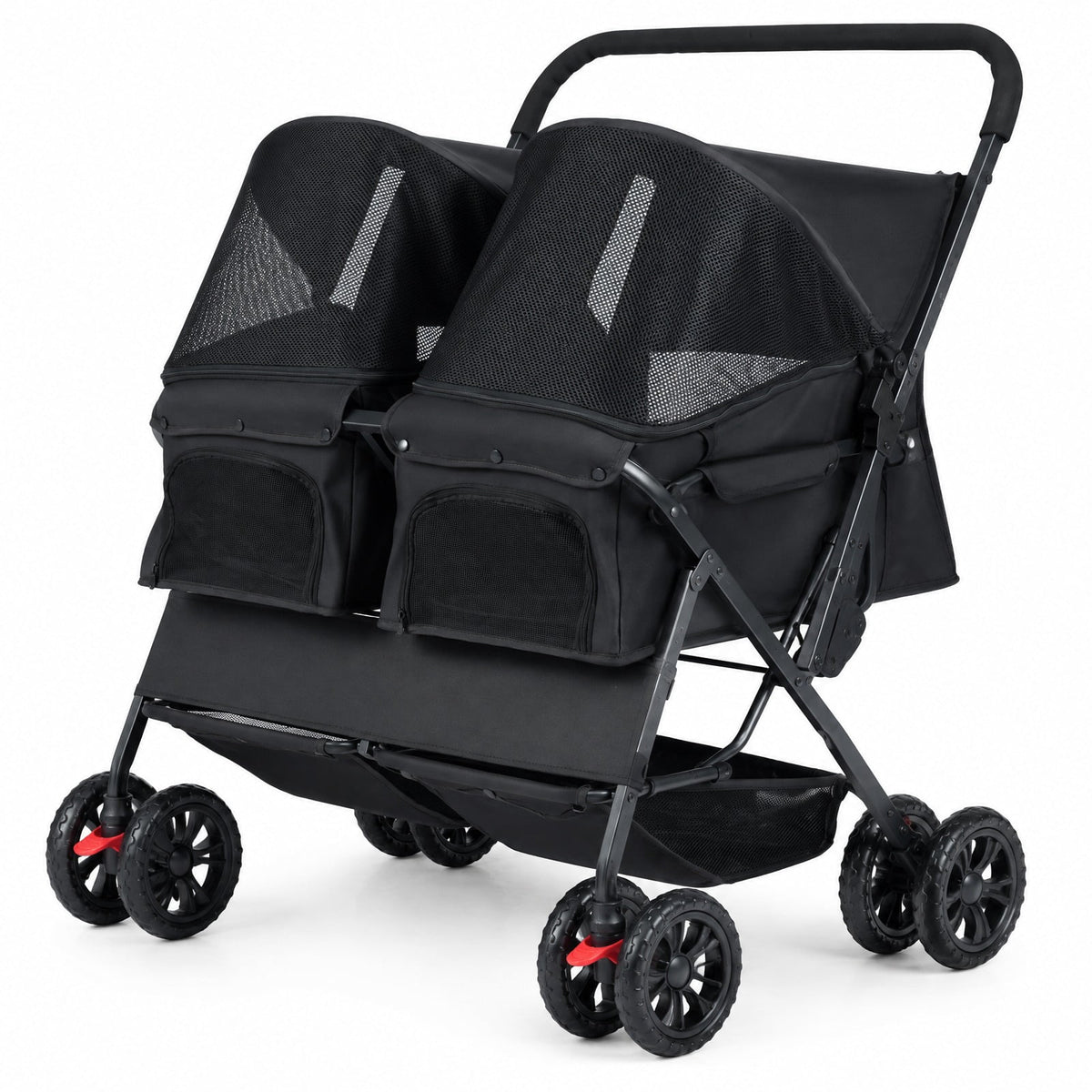 Airfind Foldable Double Pet Stroller with Adjustable Sunshade and Storage Basket, Aluminium Alloy Oxford Fabric PP EVA Frame, Black