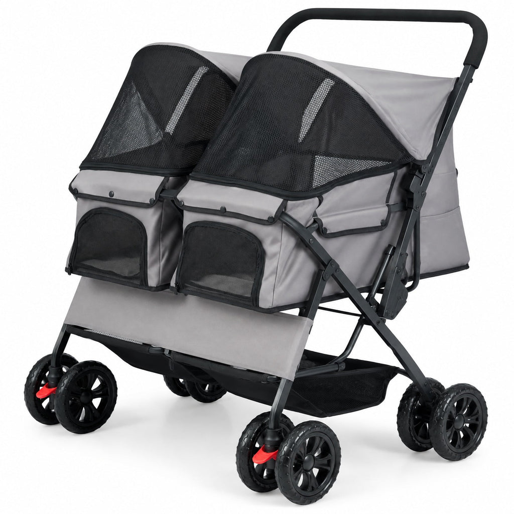 Airfind Foldable Double Pet Stroller with Adjustable Sunshade and Storage Basket, Aluminium Alloy Oxford Fabric PP EVA Frame, Gray
