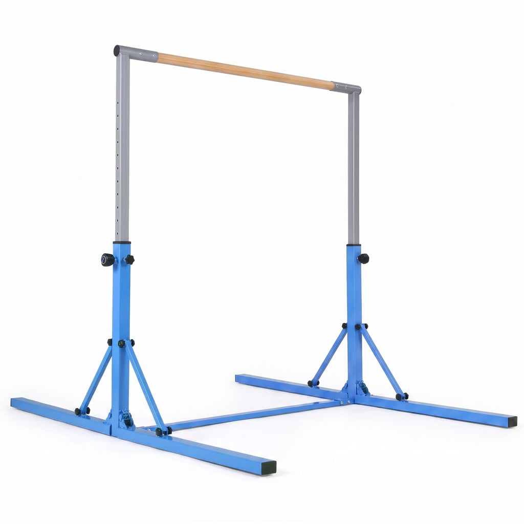 Airfind Foldable Gymnastics Bar for Kids with 3 Level Adjustable Height and Bamboo Grip Bar for Home Balance and Coordination Training, Blue