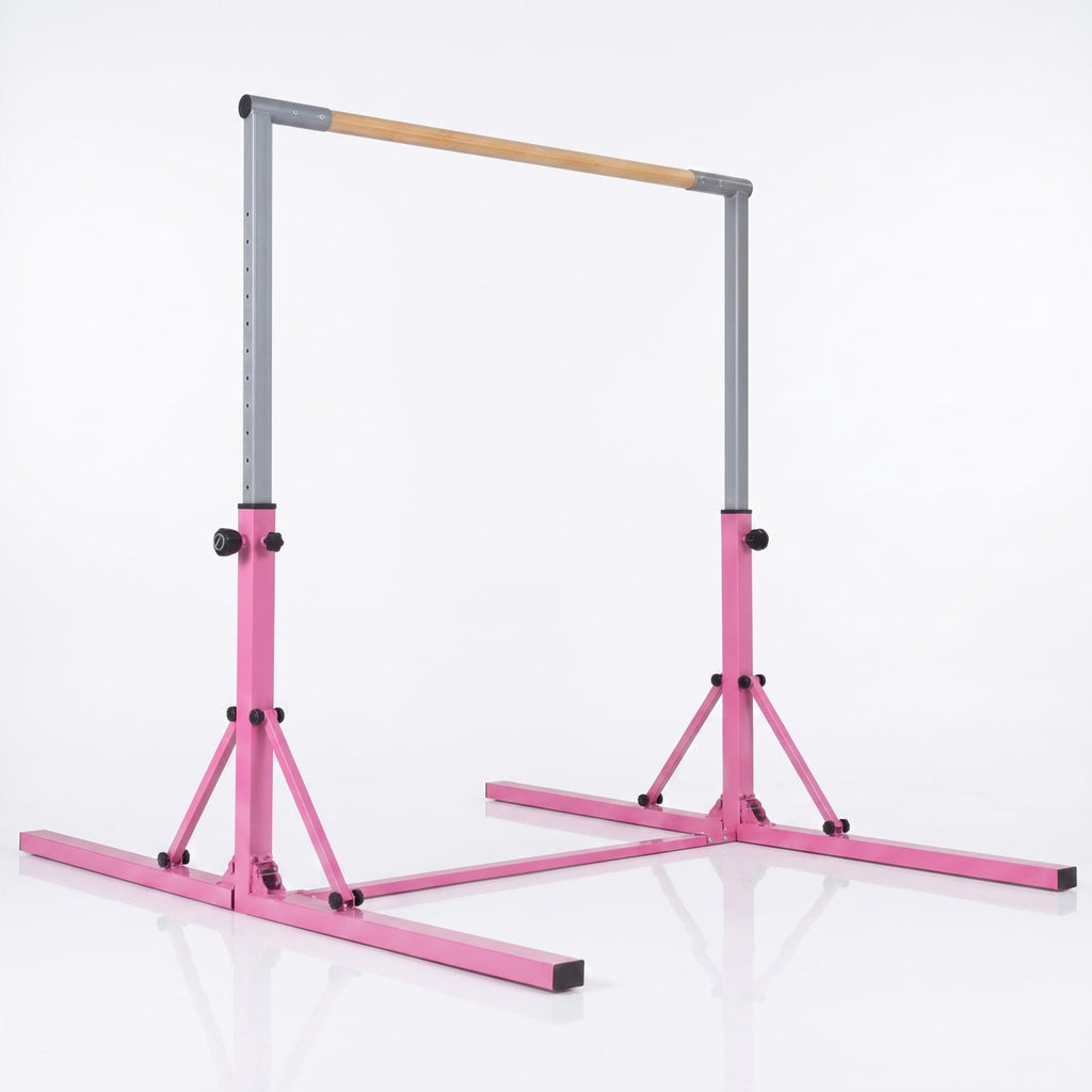 Airfind Foldable Gymnastics Bar for Kids with 3 Level Adjustable Height and Bamboo Grip Bar for Home Balance and Coordination Training, Pink
