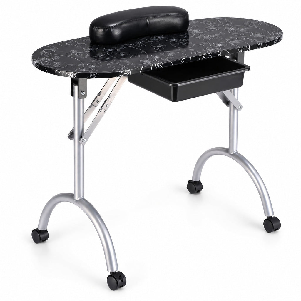Airfind Foldable Portable Manicure Table with Drawer Casters and Cushion, MDF Metal Frame, 35.5 x 14.5 x 27 Footprint, Black