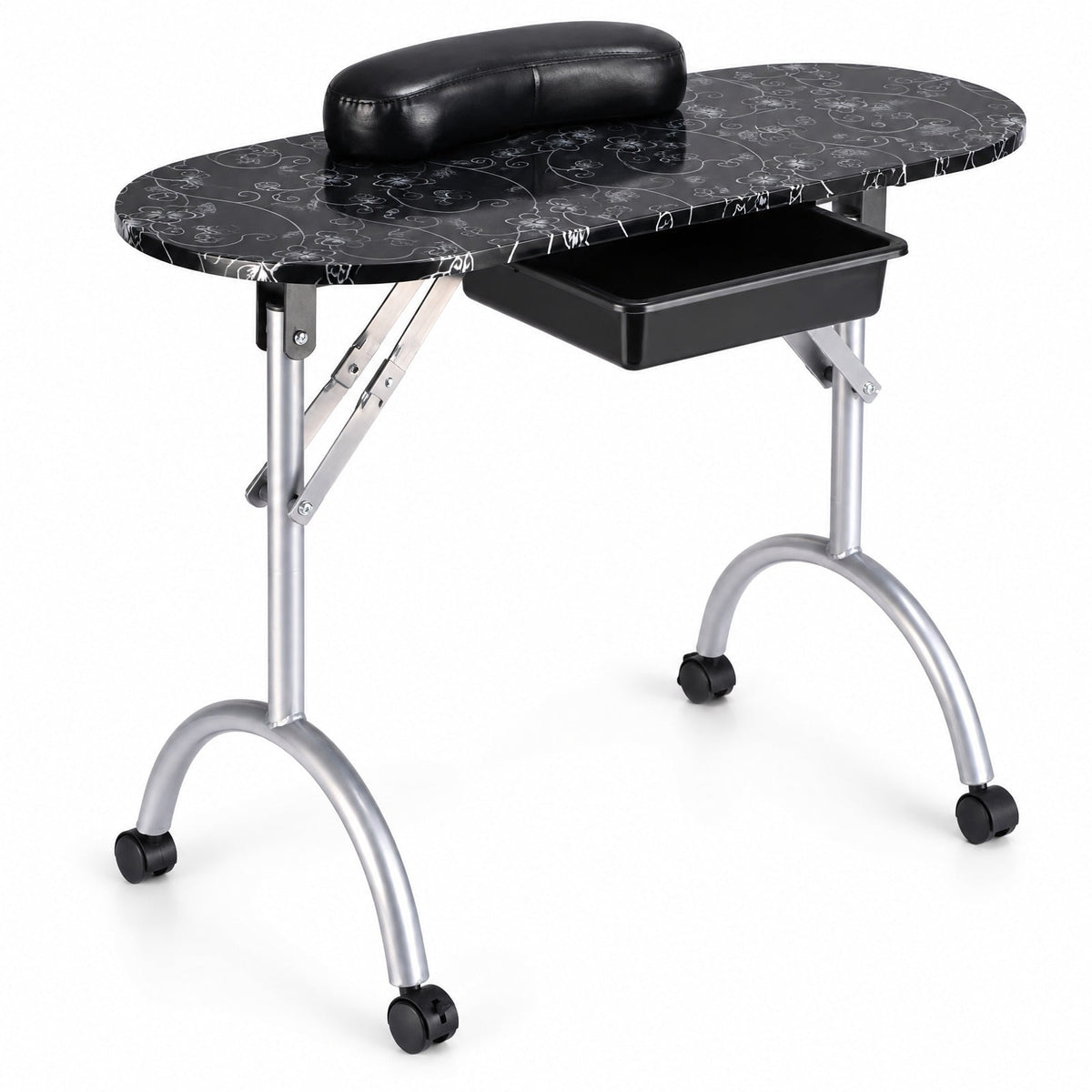 Airfind Foldable Portable Manicure Table with Drawer Casters and Cushion, MDF Metal Frame, 35.5 x 14.5 x 27 Footprint, Black