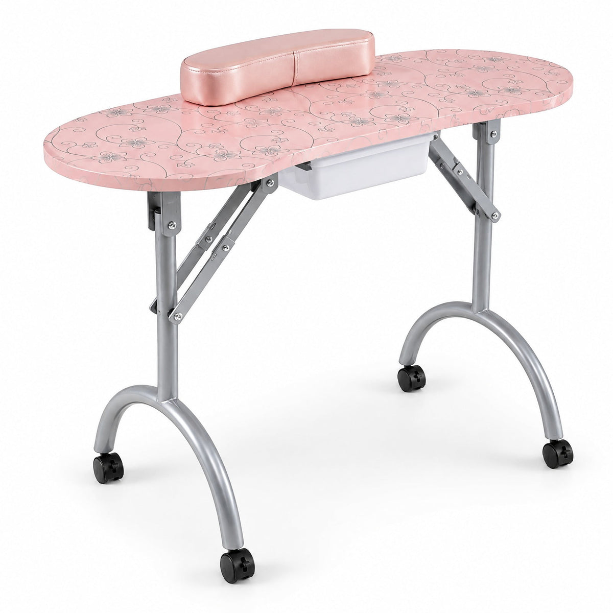 Airfind Foldable Portable Manicure Table with Drawer Casters and Cushion, MDF Metal Frame, 35.5 x 14.5 x 27 Footprint, Pink
