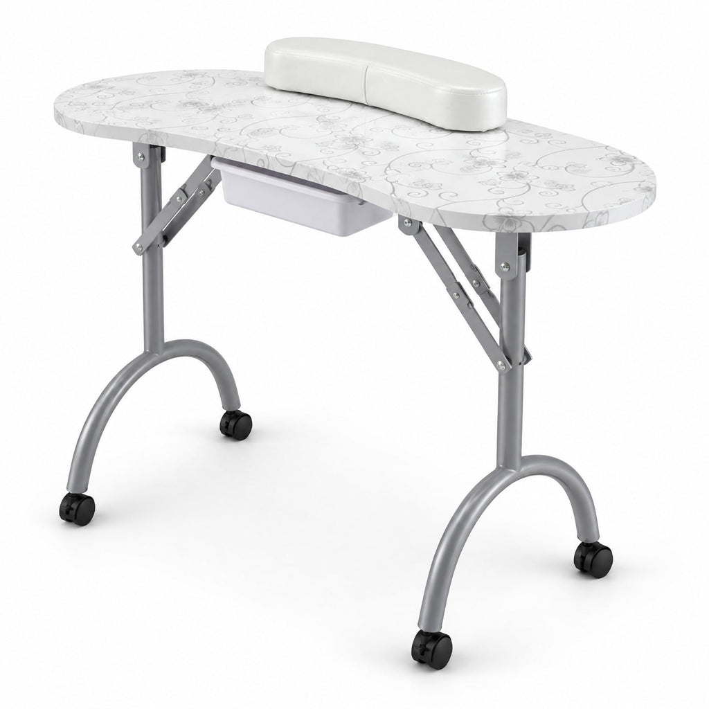 Airfind Foldable Portable Manicure Table with Drawer Casters and Cushion, MDF Metal Frame, 35.5 x 14.5 x 27 Footprint, White