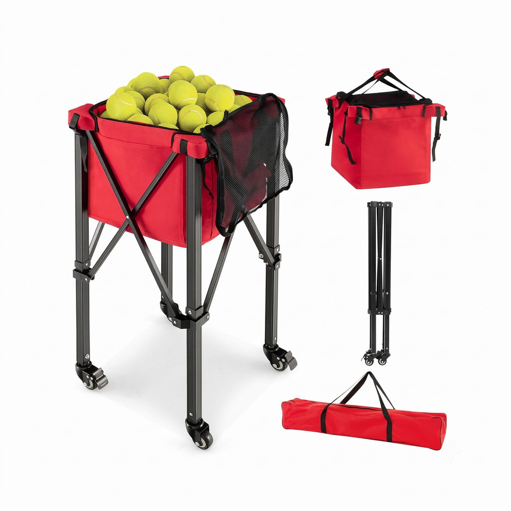 Airfind Foldable Tennis Ball Cart with Wheels and Removable Bag, Lightweight Aluminum Teaching Hopper Holds 150 Balls for Tennis Pickleball Badminton, Red