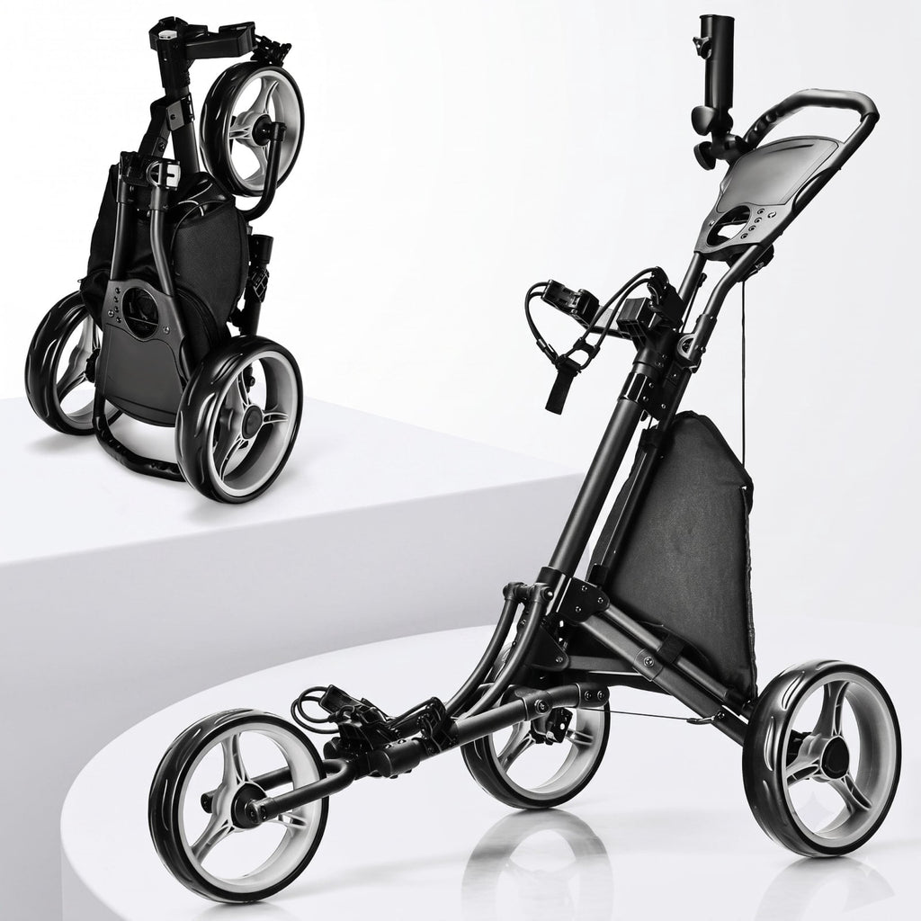 Airfind Folding 3 Wheel Golf Push Cart with Aluminum Frame and Storage Bag and Scoreboard and Adjustable Handle and Cup Holder, Gray