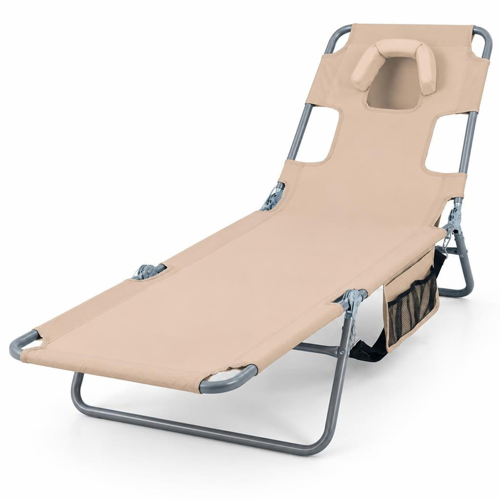 Airfind Folding Beach Lounge Chair with Adjustable Backrest for Lawn, 330 lbs Capacity, Metal Oxford Fabric Polyester Sponge Frame, Beige
