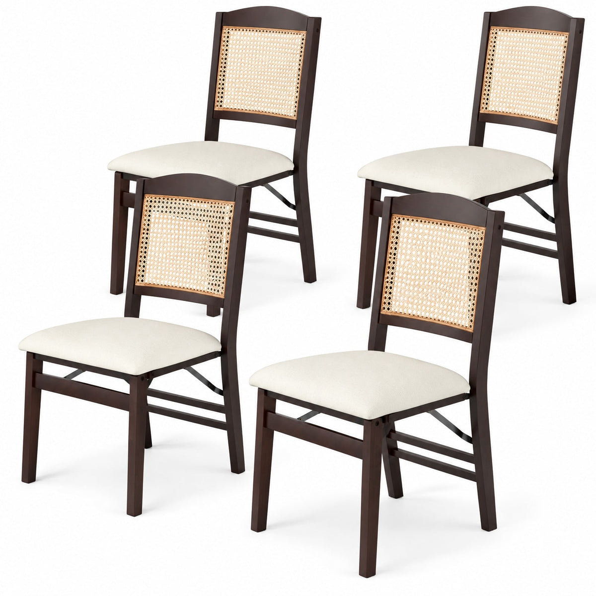 Airfind Folding Dining Chairs Set of 4 Rubber Wood Chairs with Linen Padded Seat, 400 Lbs Capacity, Rubber Wood PE Rattan Linen Fabric Sponge, Coffee