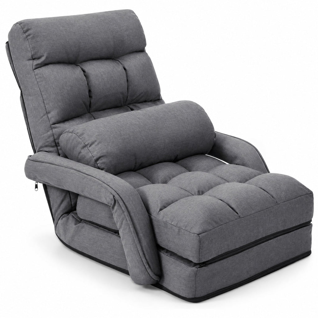 Airfind Folding Lazy Floor Chair Sofa with Armrests and Pillow, Linen-like cloth steel sponge Frame, 22in x 26in x 29in Footprint, Gray