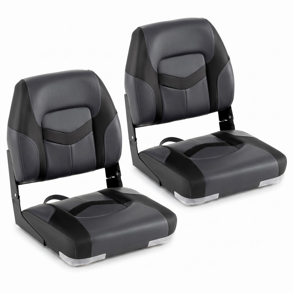 Airfind Folding Low Back Boat Seats 2 Pack with Fixing Bolts and Aluminum Hinges for Fishing and Cabin Seating Boats, Black and Gray