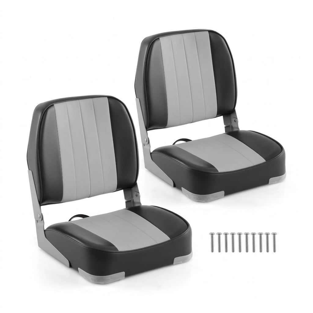 Airfind Folding Low Back Boat Seats 2 Pack with Thick Sponge Cushion and Aluminum Hinges for Cabin Seating and Fishing Boats, Gray and Black