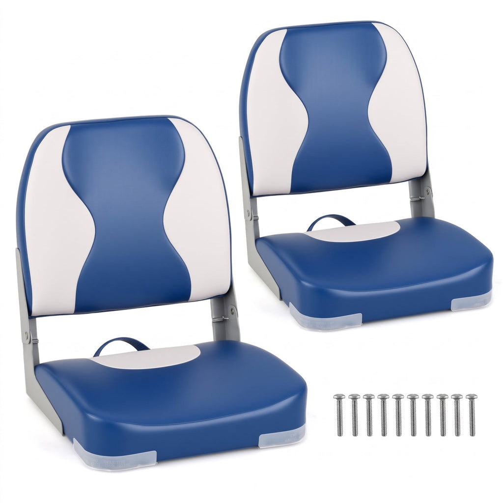 Airfind Folding Low Back Boat Seats 2 Pack with Thick Sponge Padding and Aluminum Hinges for Fishing and Cabin Boats, Blue and White