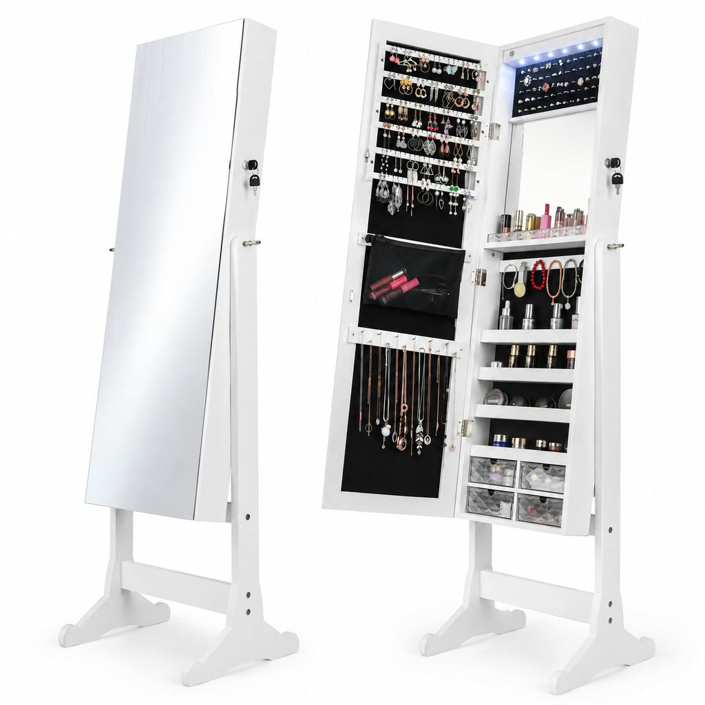 Airfind Free Standing Full Length Jewelry Armoire with LED Lights, P2 MDF Glass Plastic Acrylic Frame, 101in x 72in x 72in Footprint, White