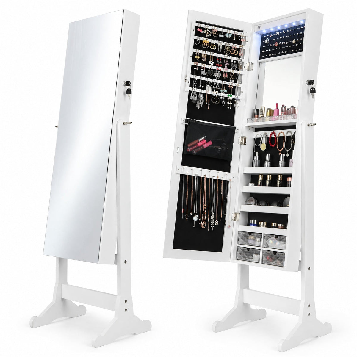 Airfind Free Standing Full Length Jewelry Armoire with LED Lights, P2 MDF Glass Plastic Acrylic Frame, 101in x 72in x 72in Footprint, White