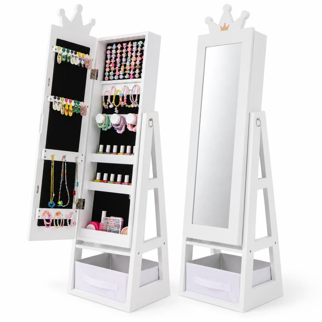 Airfind Free-Standing Full Length Kids Jewelry Armoire Cabinet with Storage Capacity, MDF Frame, 12.5 Inch x 12 Inch x 45.5 Inch Footprint, White