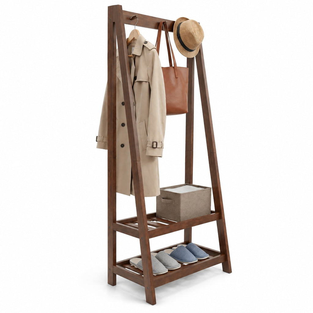 Airfind Freestanding Clothes Rack with 3 Hooks and 2 Shelves, 33 lbs Capacity, Rubber Wood Frame, 13 x 24 x 55 Footprint, Walnut