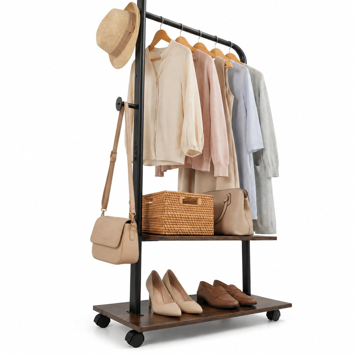 Airfind Freestanding Clothing Rack with Wheels and Storage Shelves for Entryway and Bedroom, 120 lbs Capacity, Engineered Wood Metal Frame, Brown