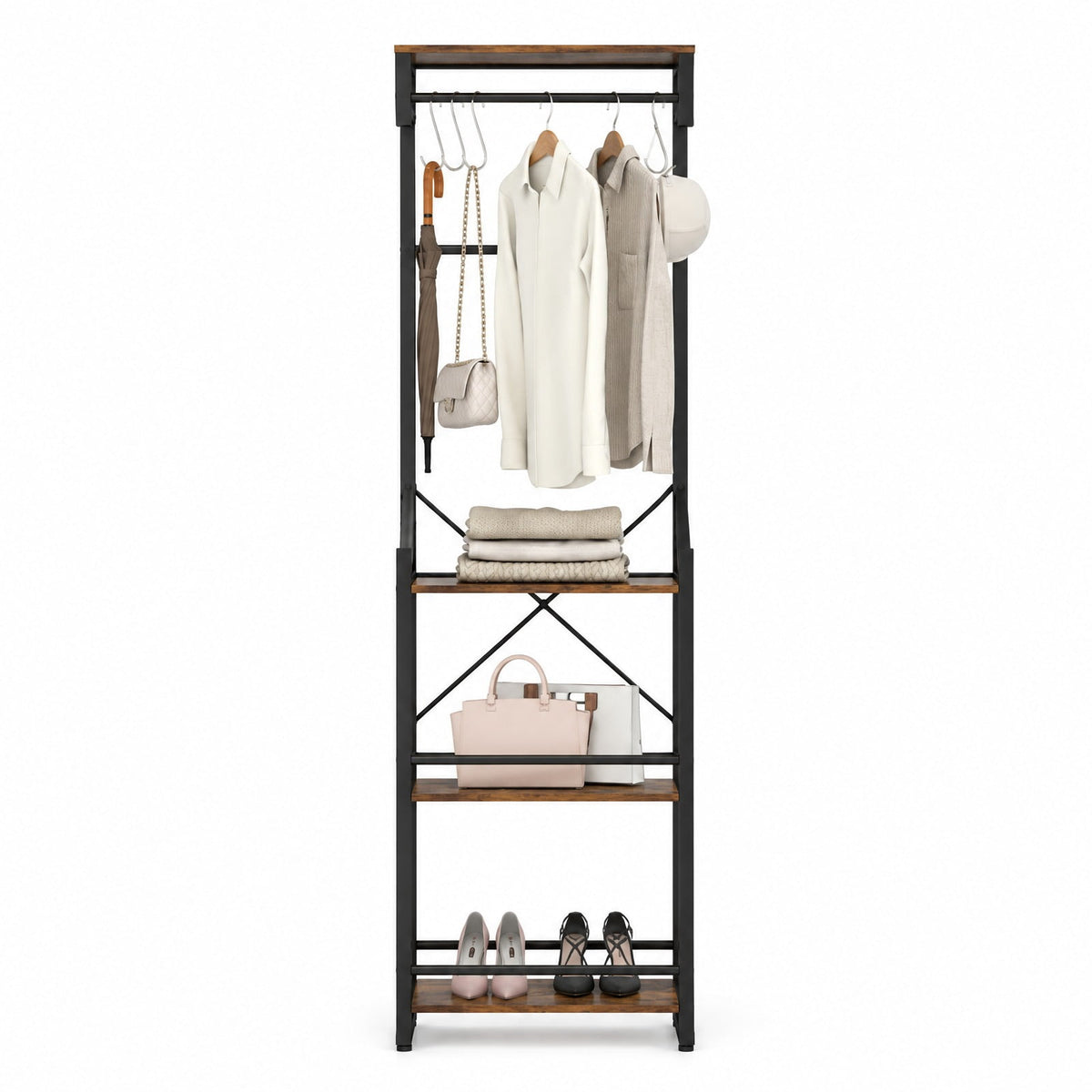 Airfind Freestanding Coat Rack with 4 Storage Shelves and 6 Hooks, 22 lbs Capacity, Metal Engineered Wood, 16 Inch x 12 Inch x 64 Inch , Brown
