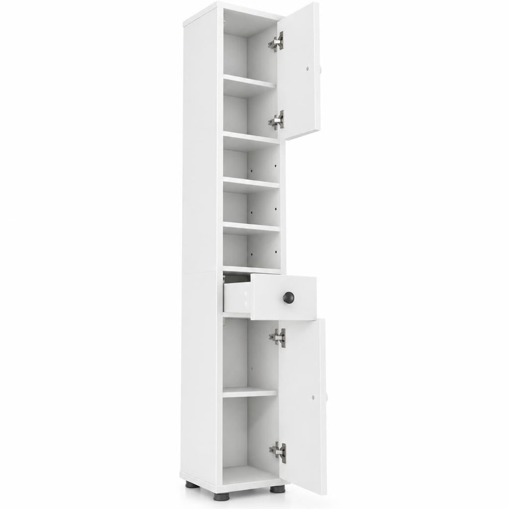 Airfind Freestanding Slim Bathroom Cabinet with Drawer and Adjustable Shelves, 110 lbs Capacity, MDF Frame, 8in x 8in x 71in Total Footprint, White