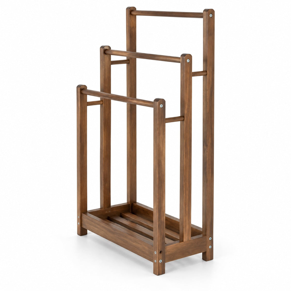 AIRFIND Towel Rack with Three Hanging Bars and Lower Storage Shelf, Freestanding Fir Wood Bathroom Organizer, 18 x 9 x 34 in, Rustic Brown