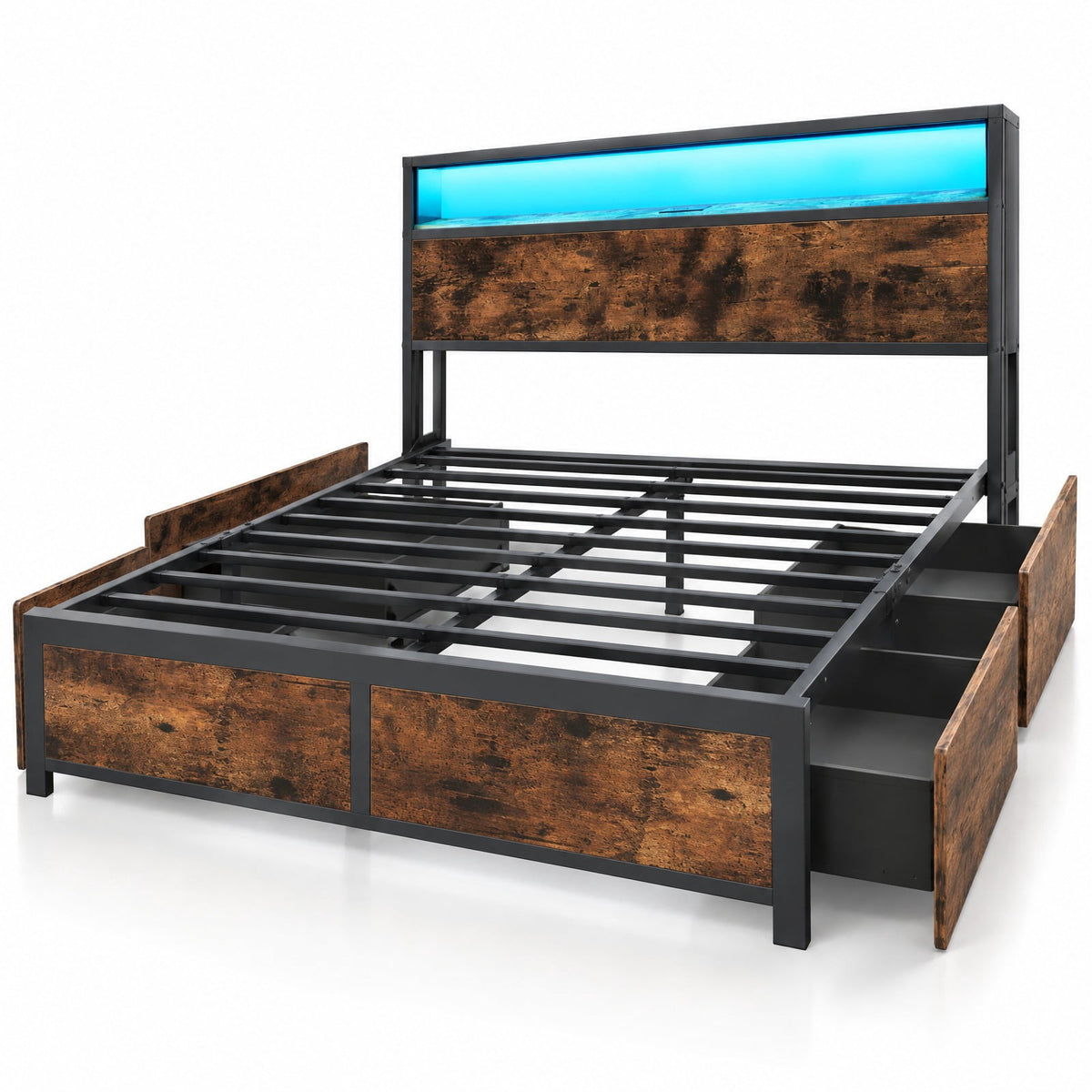 Airfind Full/Queen Size LED Bed Frame with Charging Station and 4 Storage Drawers, 81 Inch x 56 Inch x 40 Inch Inner Footprint