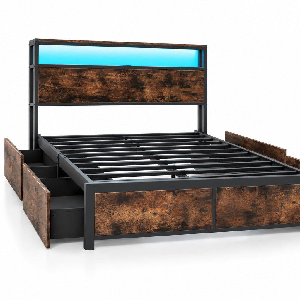 Airfind Full/Queen Size LED Bed Frame with Charging Station and 4 Storage Drawers, 81 Inch x 56 Inch x 40 Inch Inner Footprint