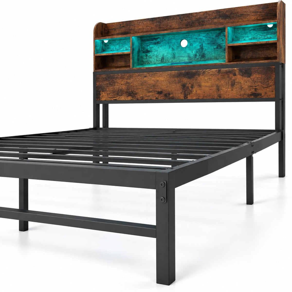 Airfind Full Size Bed Frame with Headboard LED Lights and Charging Station, 660 lbs Capacity, Metal Engineered Wood MDF Frame, Brown
