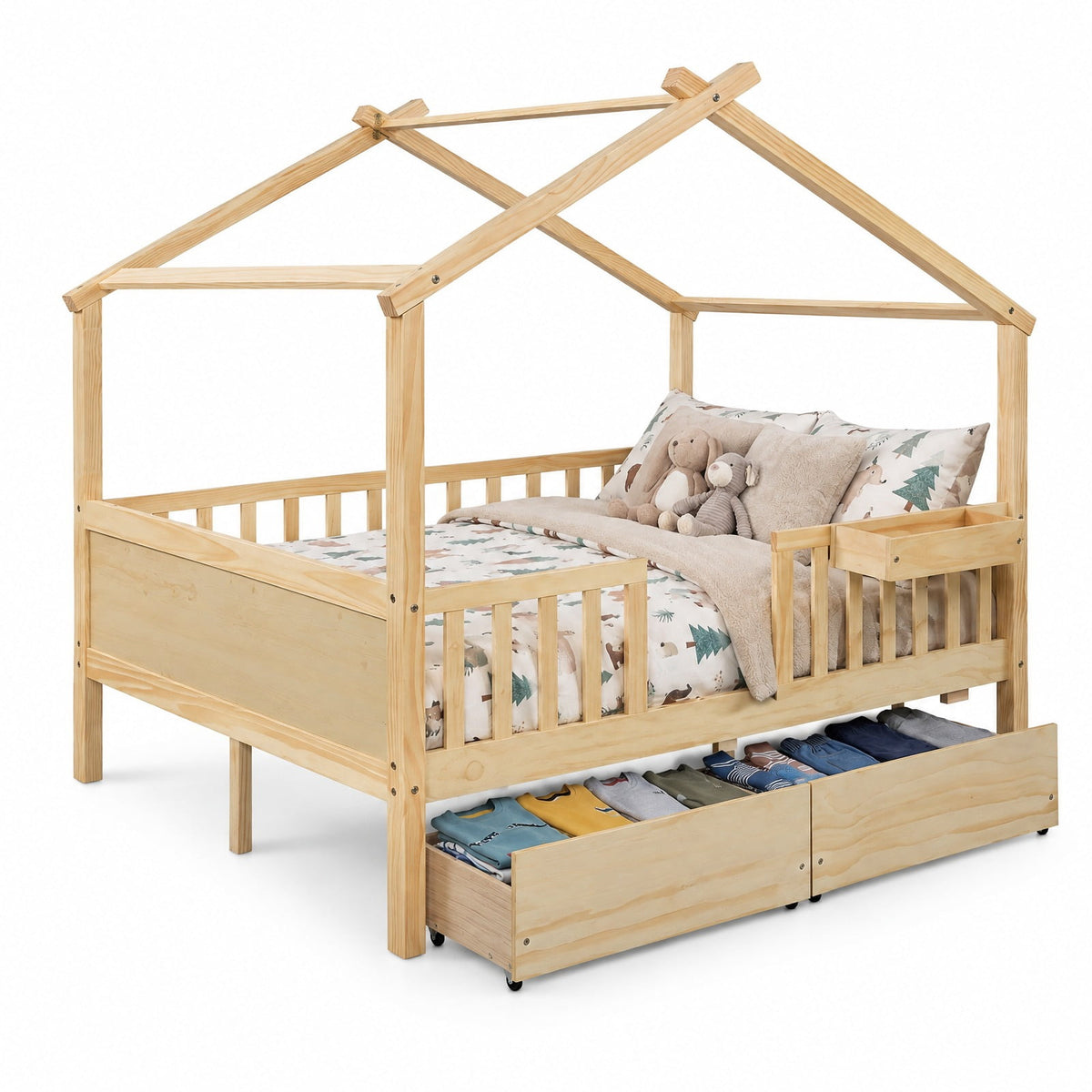 Airfind Full Size House Bed with Roof and Fence Rails for Kid, 550 lbs Capacity, Pine Wood Plywood MDF Engineered Wood Frame, Natural