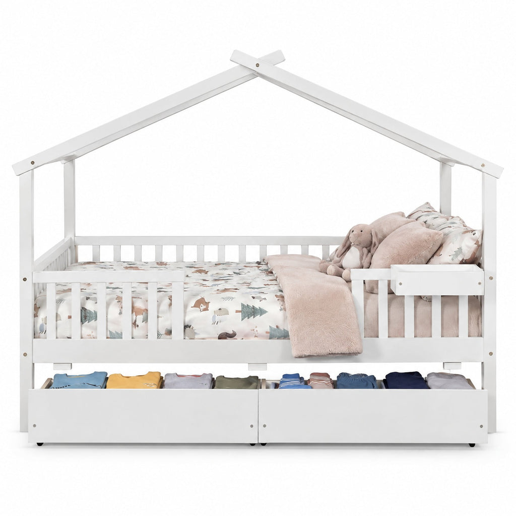 Airfind Full Size House Bed with Roof and Fence Rails for Kid, 550 lbs Capacity, Pine Wood Plywood MDF Engineered Wood Frame, White