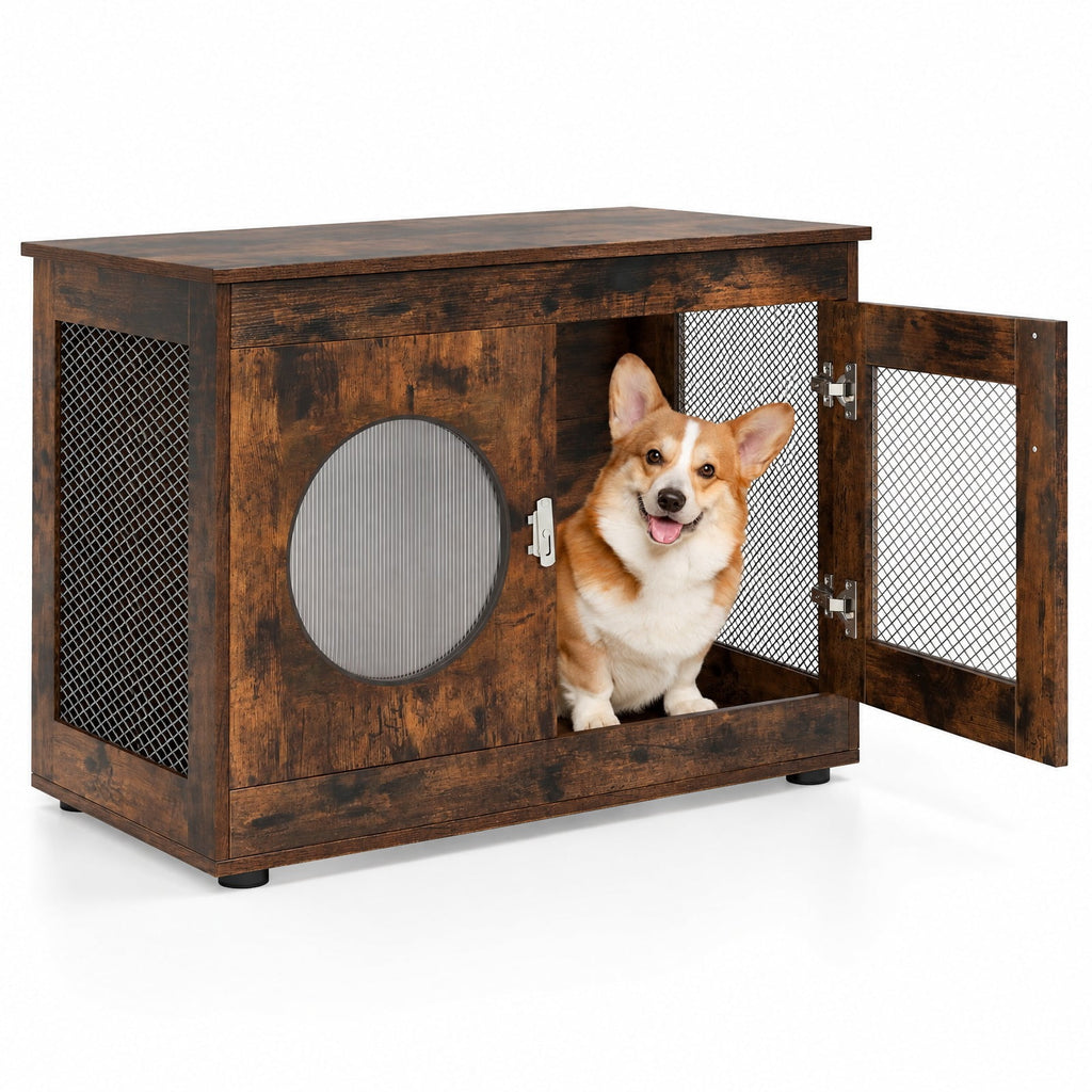 Airfind Furniture Style Dog Crate for Small and Medium Dogs with Translucent Window and Lockable Door, 88 lbs Capacity, Brown