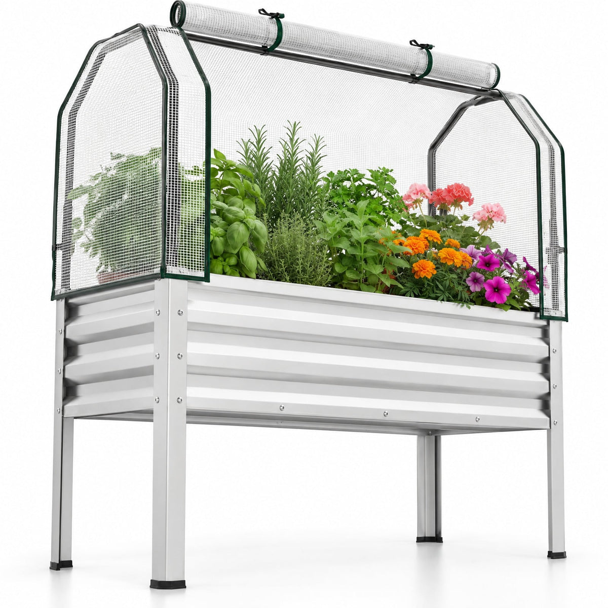 Airfind Galvanized Raised Garden Bed with Legs and Greenhouse Cover for Vegetable Flower, 175 LBS Capacity, Electroplated Metal PE Frame, Silver