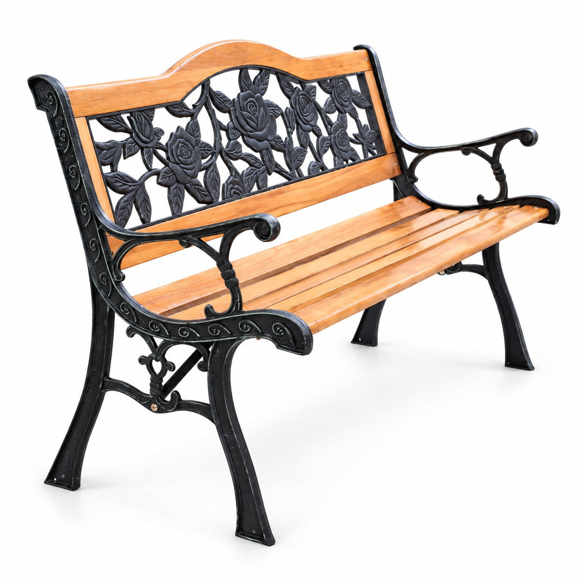Airfind Garden Bench Chair Outdoor Wooden Loveseat with Iron Armrest, 463 lbs Capacity, Cast Iron Frame, Black + Natural