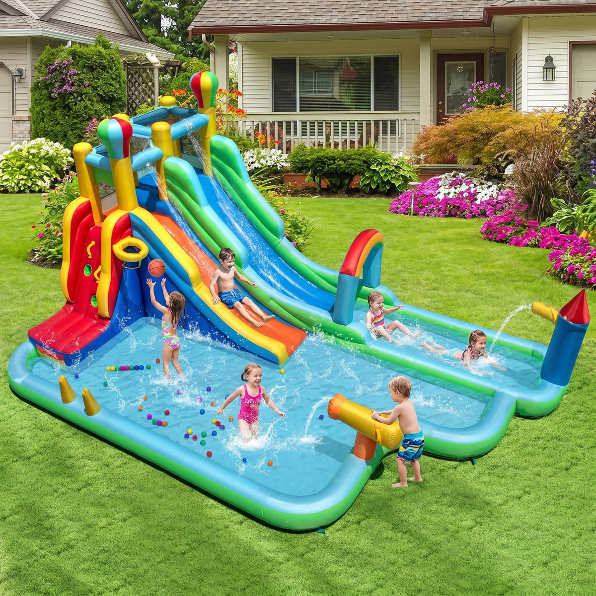 Airfind Giant Inflatable Water Slide Park with Double Long Slides, Climbing Wall, Basketball Hoop, 50 Ocean Balls, 225x145x105in for Kids 3-12