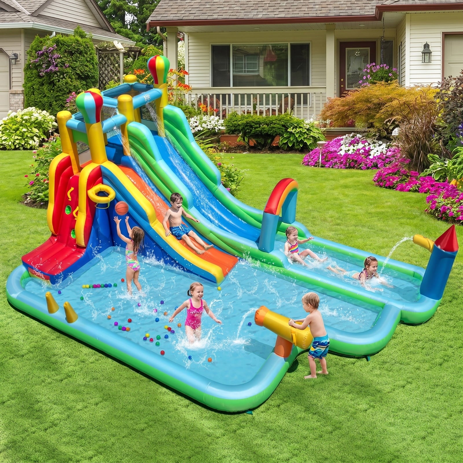 Airfind Giant Inflatable Water Slide Park with Double Long Slides, Climbing Wall, Basketball Hoop, 50 Ocean Balls, 225x145x105in for Kids 3-12